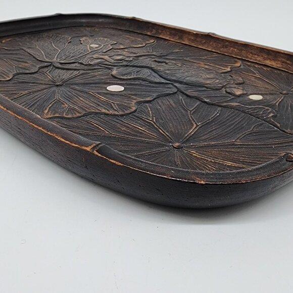 Chinese Carved Wooden Tray Lotus Leaves Frog Pulling Turtle Leg VTG Inlay - Picture 8 of 9